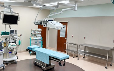 Picture of two surgeons, male and female. They are wearing surgical covers, face masks, surgical glasses, surgical head caps, and gloves. They are standing over a patient during surgery.