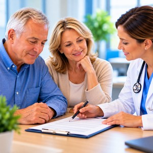 Picture of a family with a provider, working on a living will.